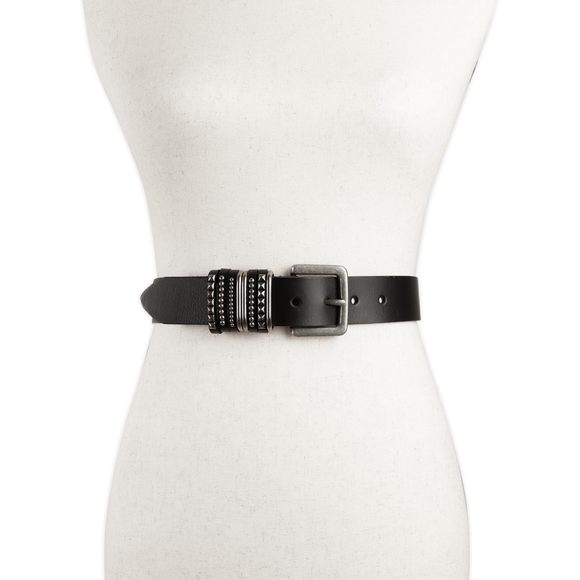 Women\'s Leather Bold Fashion Statement Belts, Multiple Keeper Stud Trim-black,⭐️